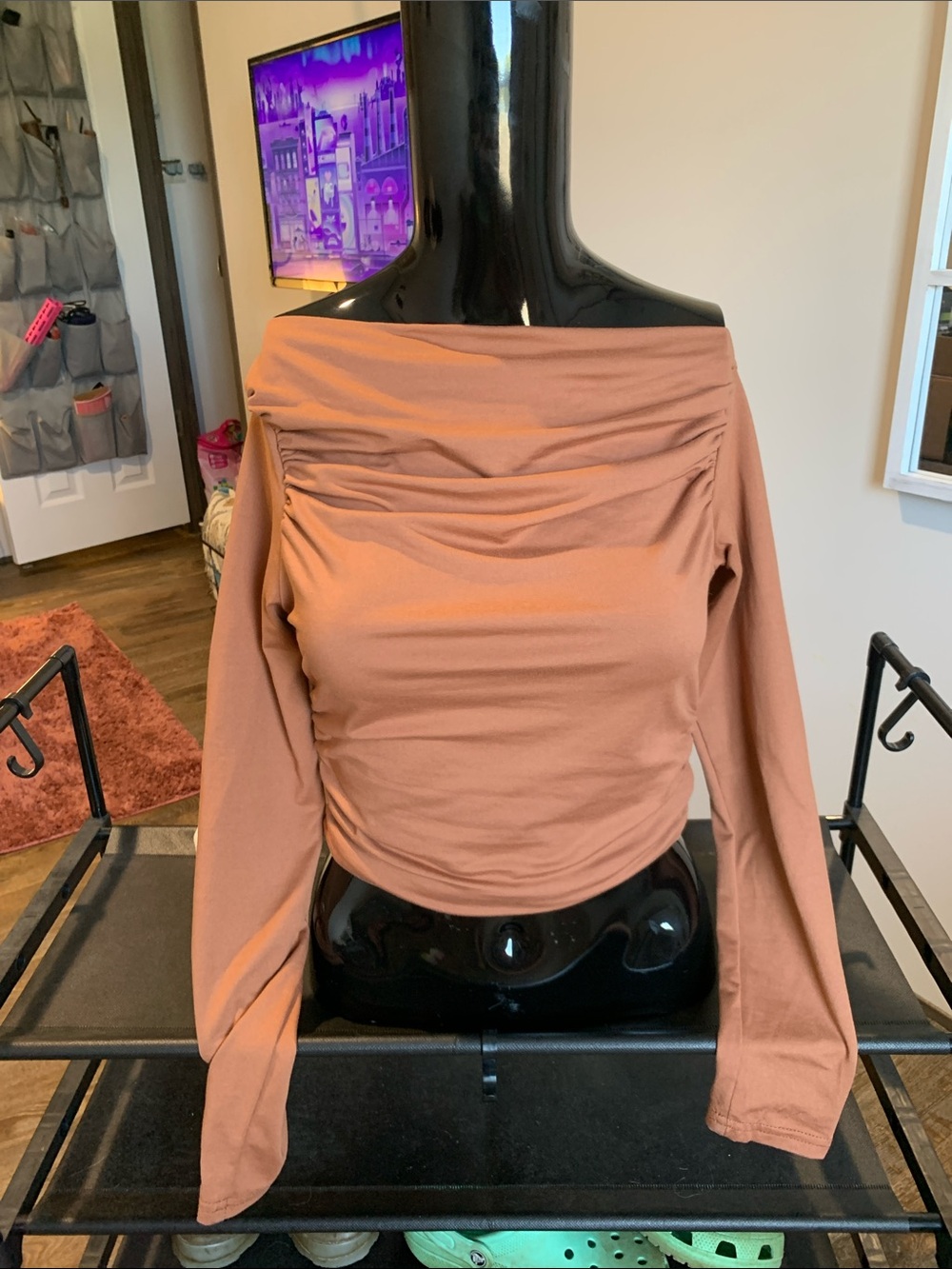 #78 SHEIN Rust Off-Shoulder Long Sleeve Ruched Top